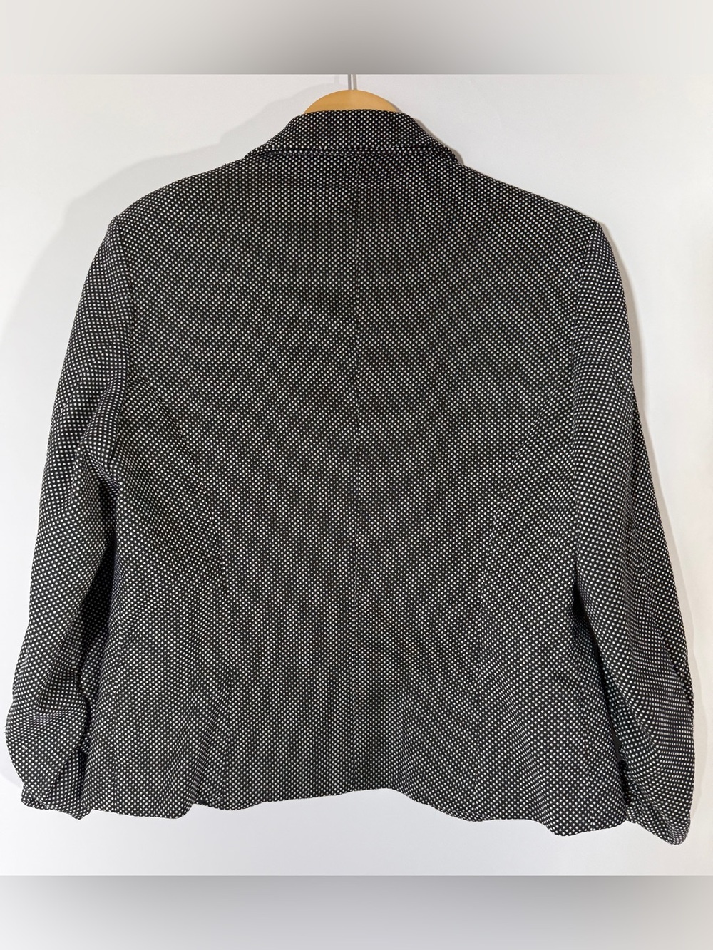 Black & White Polka Dot Open Front Blazer Jacket Ruched Sleeve Career Stretch - Picture 3 of 7